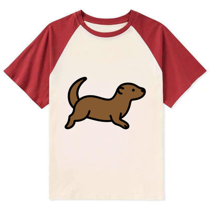 Otter - Brown sleek swimming pose flat side profile - Contrast Raglan T-shirt - Red