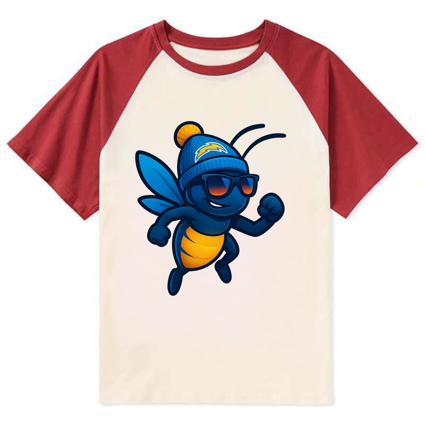 LA Lightning Bug wearing Chargers powder blue and gold beanie with pom - Contrast Raglan T-shirt - Red