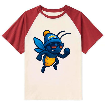LA Lightning Bug wearing Chargers powder blue and gold beanie with pom - Contrast Raglan T-shirt - Red