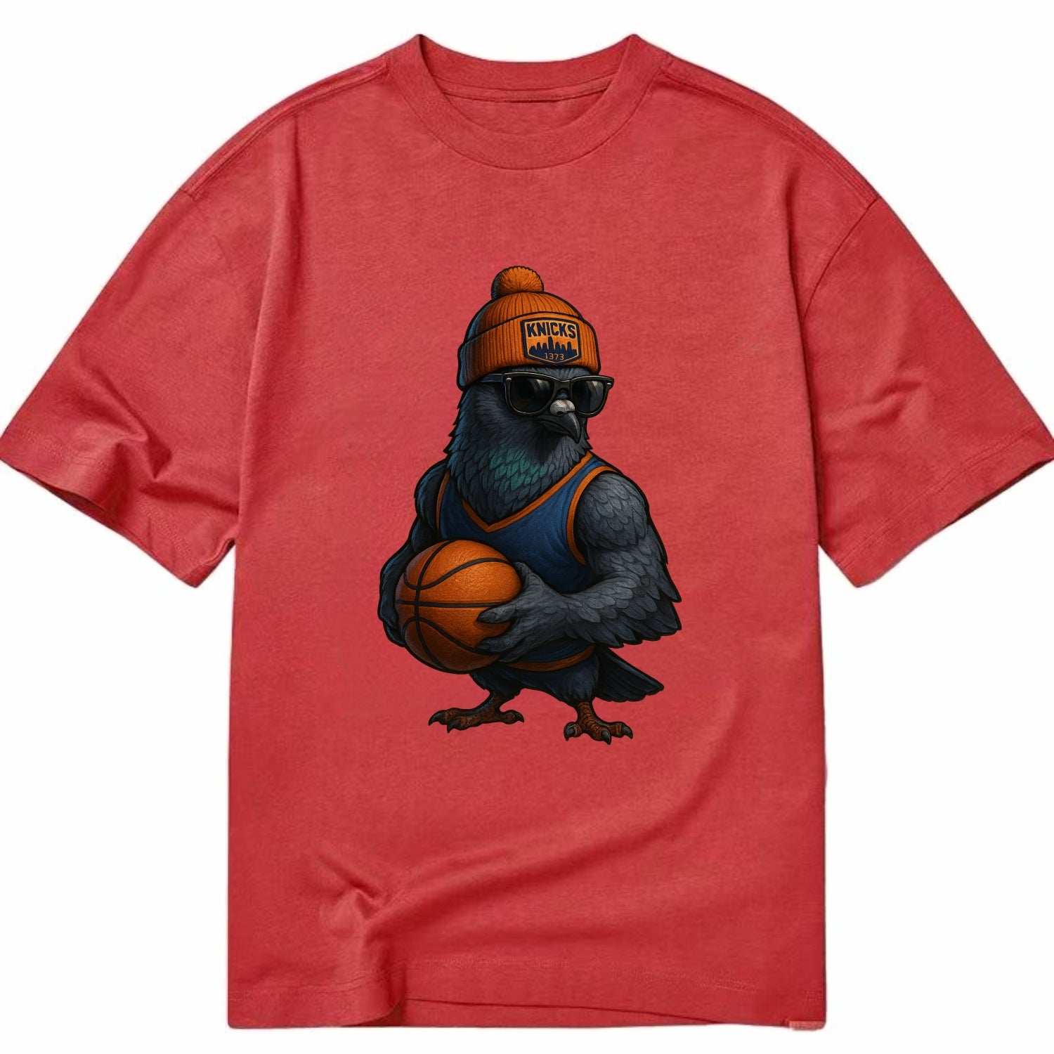 Manhattan Pigeon wearing Knicks beanie with skyline patch and wayfarer sunglasses - Classic T-shirt - Red