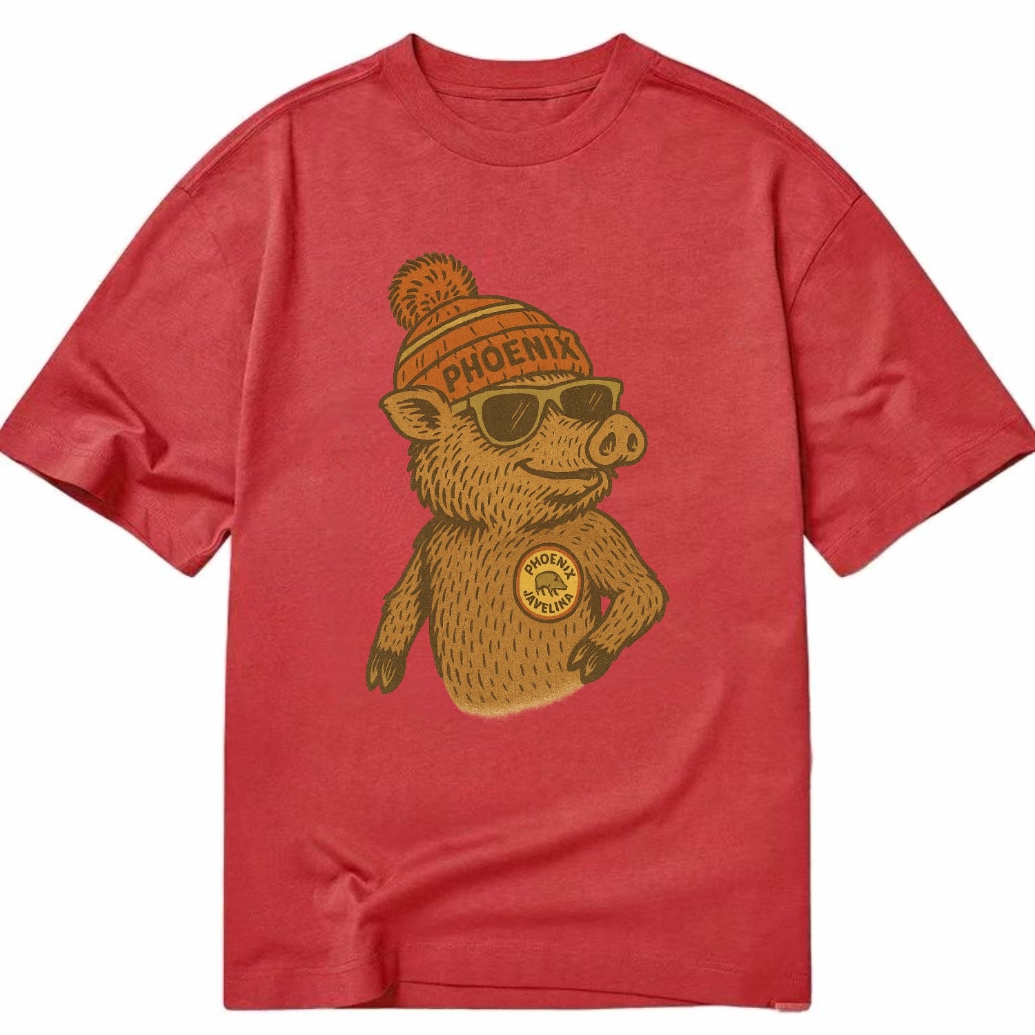 Phoenix Javelina wearing Phoenix beanie with pom pom and wayfarer sunglasses - Classic T-shirt - Red