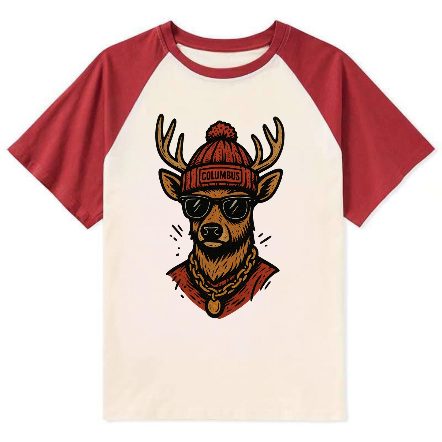 Columbus White-tailed Deer wearing Columbus beanie with pom pom and - Contrast Raglan T-shirt - Red