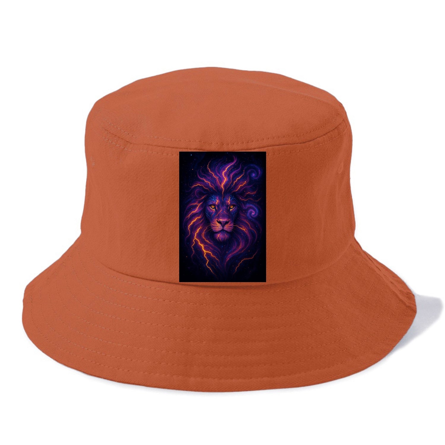 Regal lion with mane made of electric currents, neon yellow and hot pink energy flows, - Bucket Hat - Red