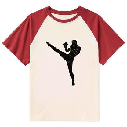 Kickboxer delivering roundhouse kick - Contrast Raglan T-shirt - Red