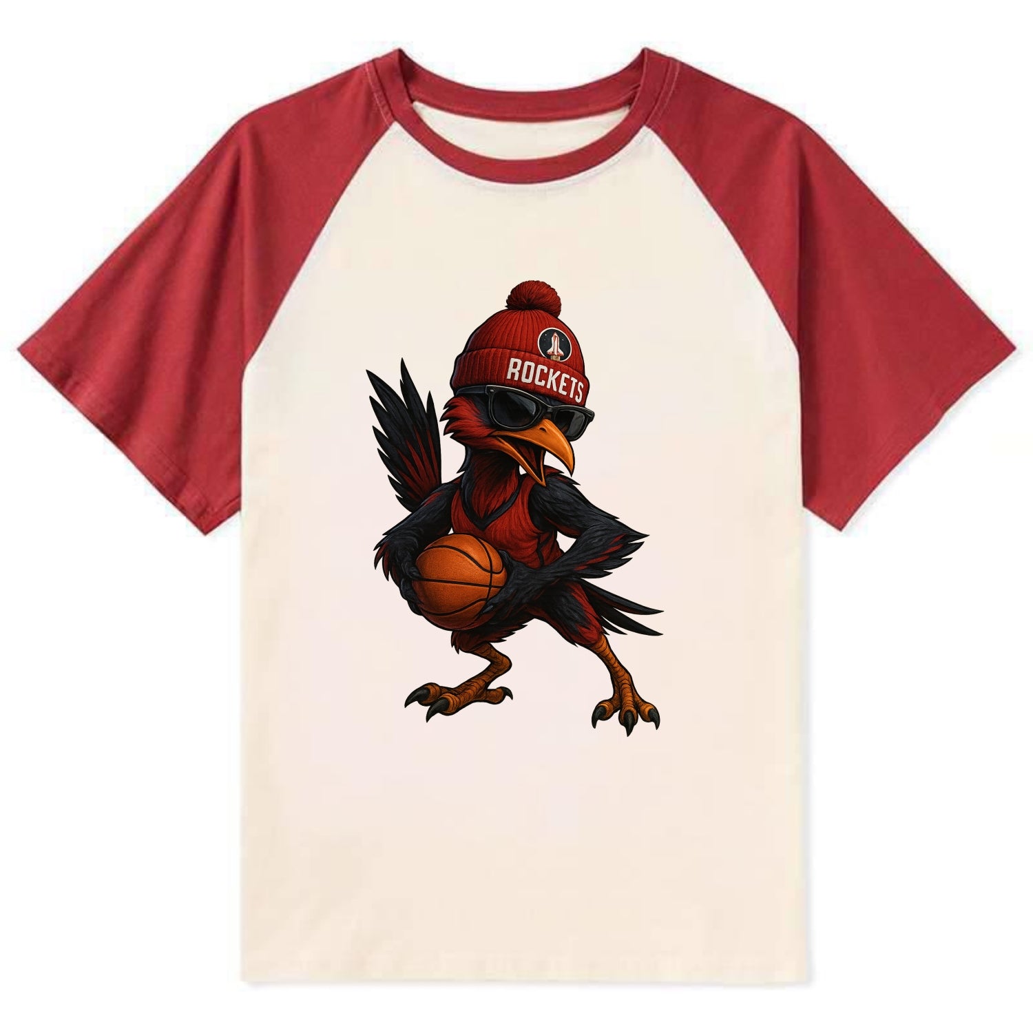 Houston Roadrunner wearing Rockets beanie with launch pad patch and - Contrast Raglan T-shirt - Red