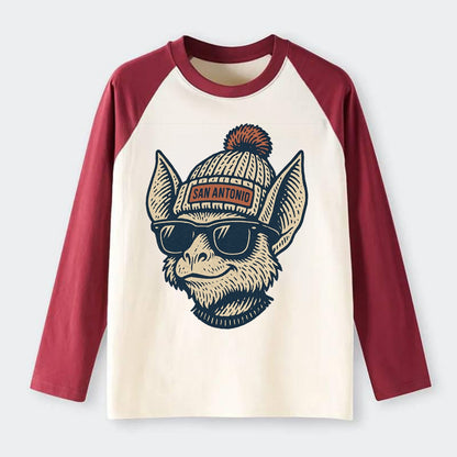 San Antonio Bat wearing San Antonio beanie with pom pom and wayfarer - Raglan Long Sleeve T-Shirt - Red