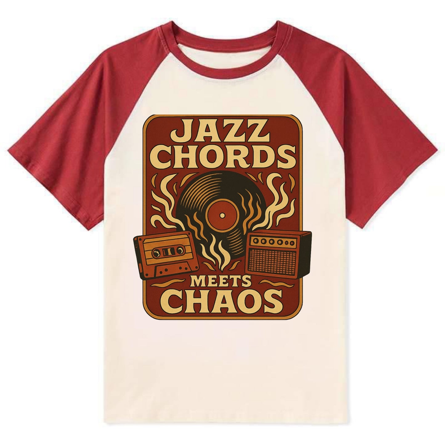 Jazz chords with hyperpop energy - "Jazz Meets Chaos" - unexpected fusion - Contrast Raglan T-shirt - Red