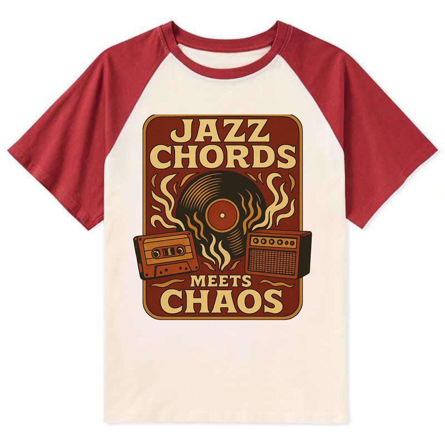 Jazz chords with hyperpop energy - "Jazz Meets Chaos" - unexpected fusion - Contrast Raglan T-shirt - Red
