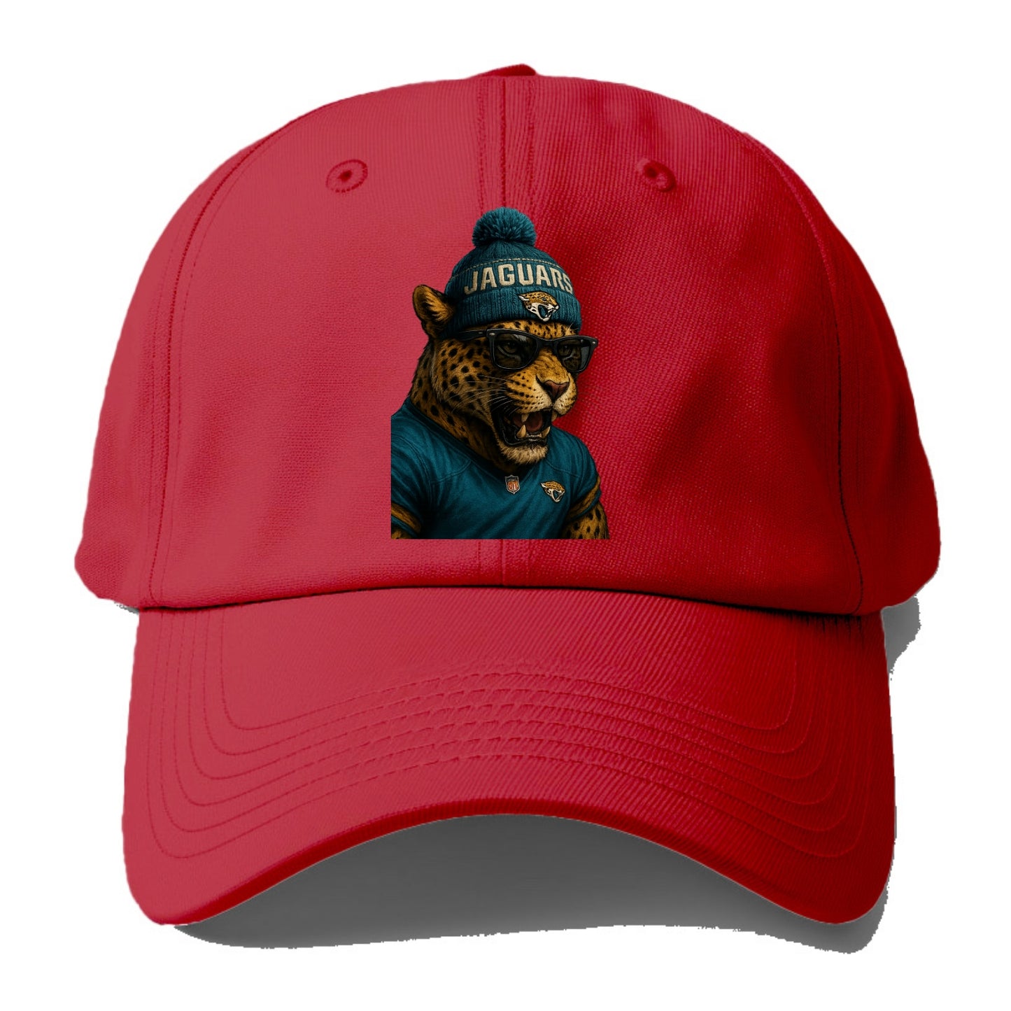 Jacksonville Jaguar wearing Jaguars teal and gold beanie with pom pom and wayfarer - Baseball Cap - Red
