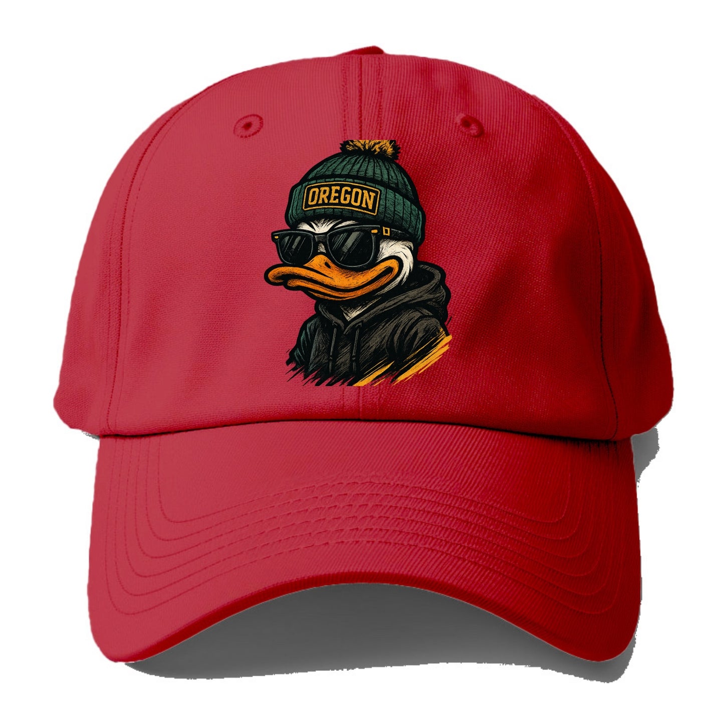 Eugene Duck wearing Oregon beanie with O patch - Baseball Cap - Red