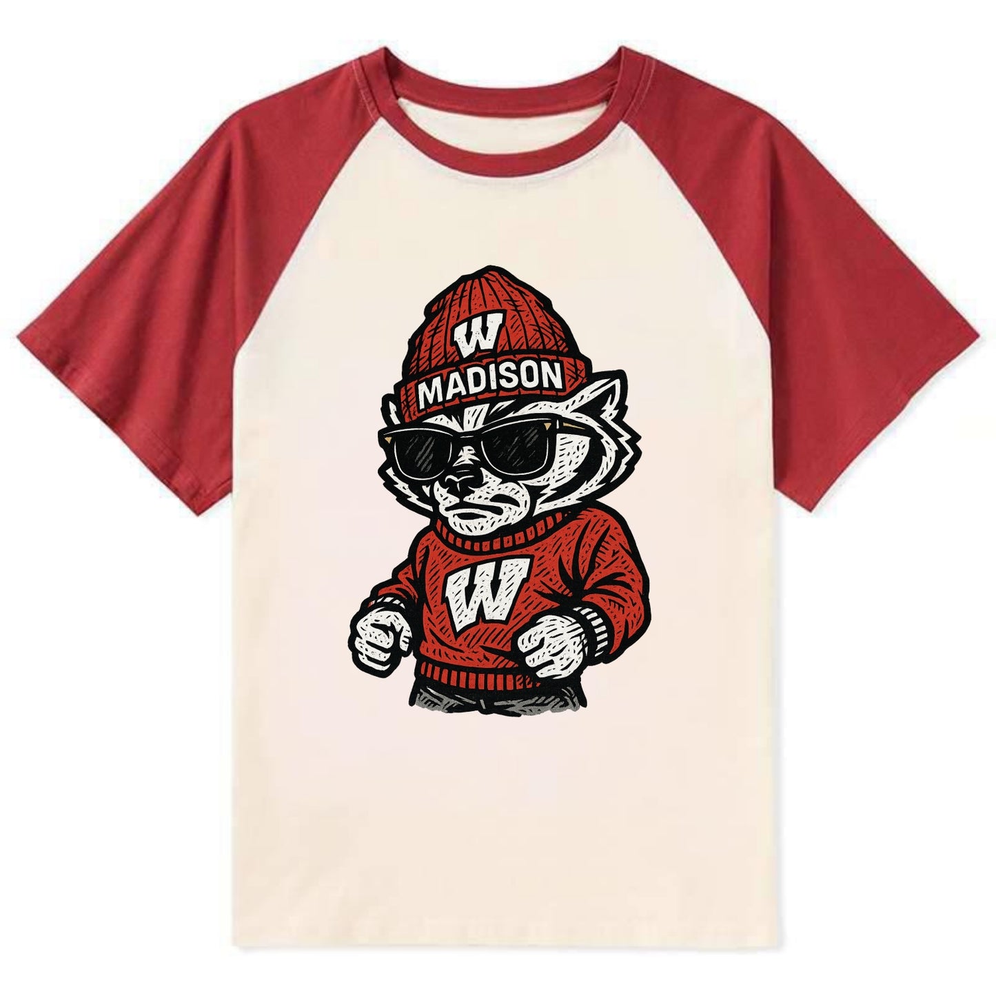Madison Badger wearing Wisconsin beanie with motion W patch - Contrast Raglan T-shirt - Red