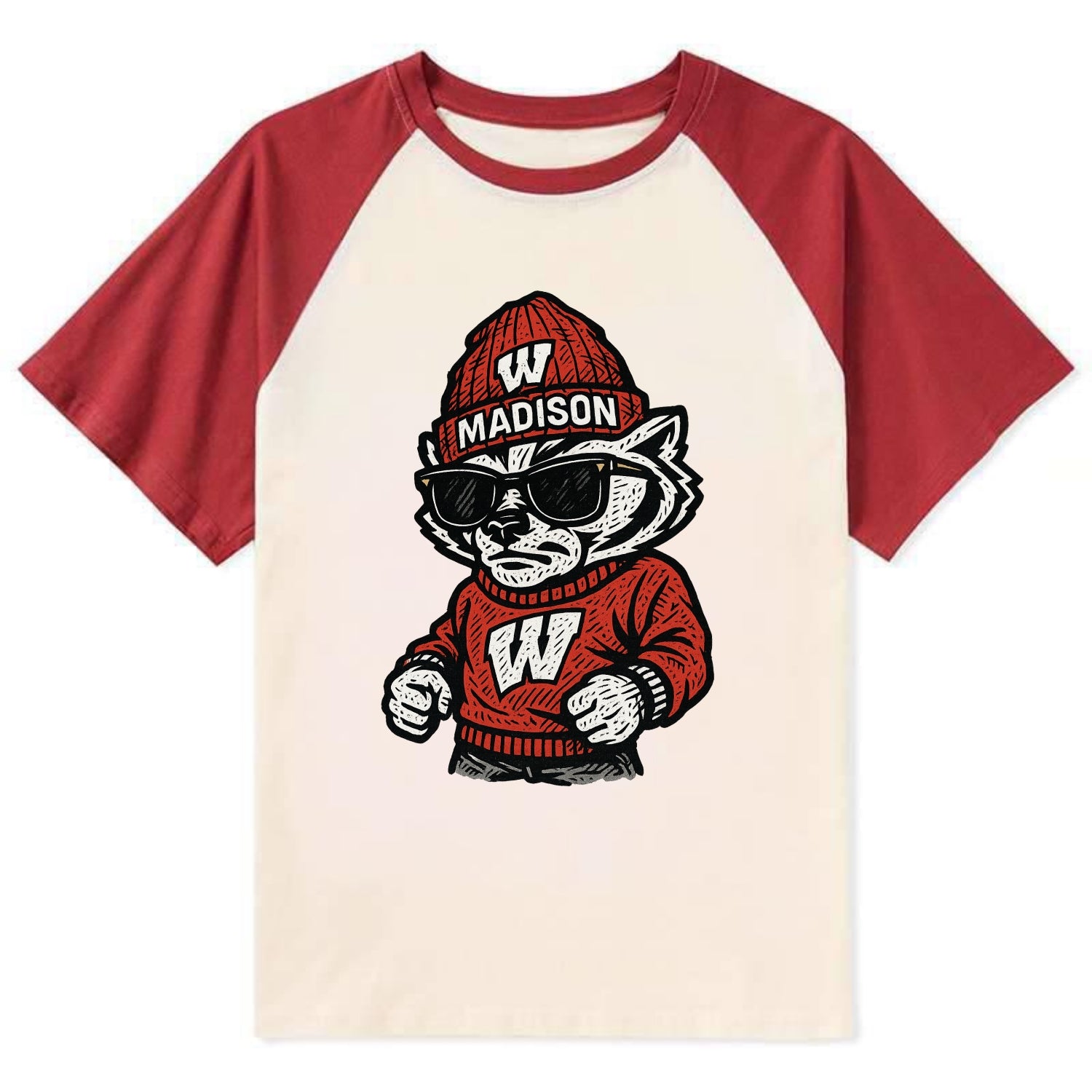 Madison Badger wearing Wisconsin beanie with motion W patch - Contrast Raglan T-shirt - Red