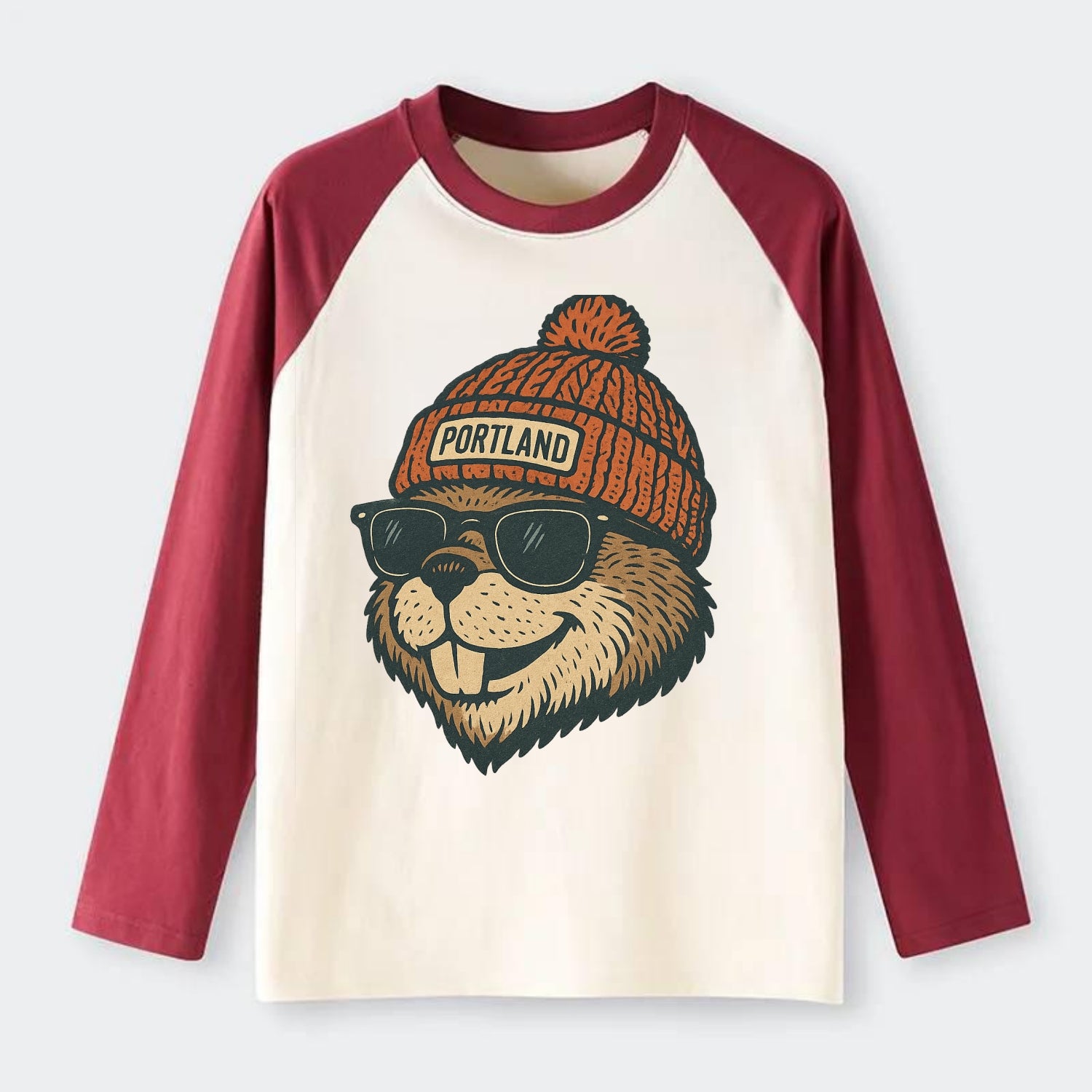 Oregon Beaver wearing Portland beanie with pom pom and wayfarer - Raglan Long Sleeve T-Shirt - Red