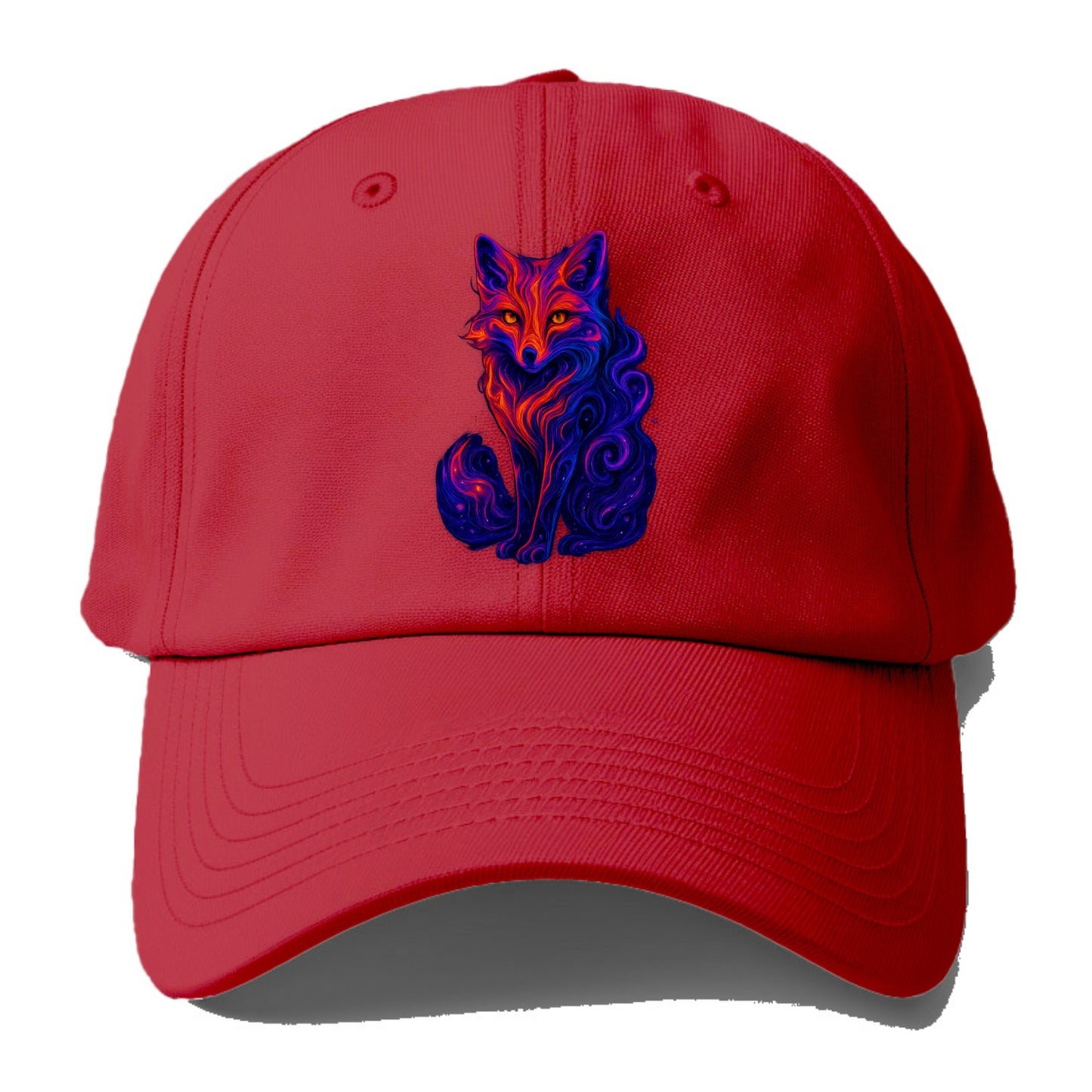 Clever fox with tail dissolving into cosmic nebula swirls, orange to purple gradient - Baseball Cap - Red