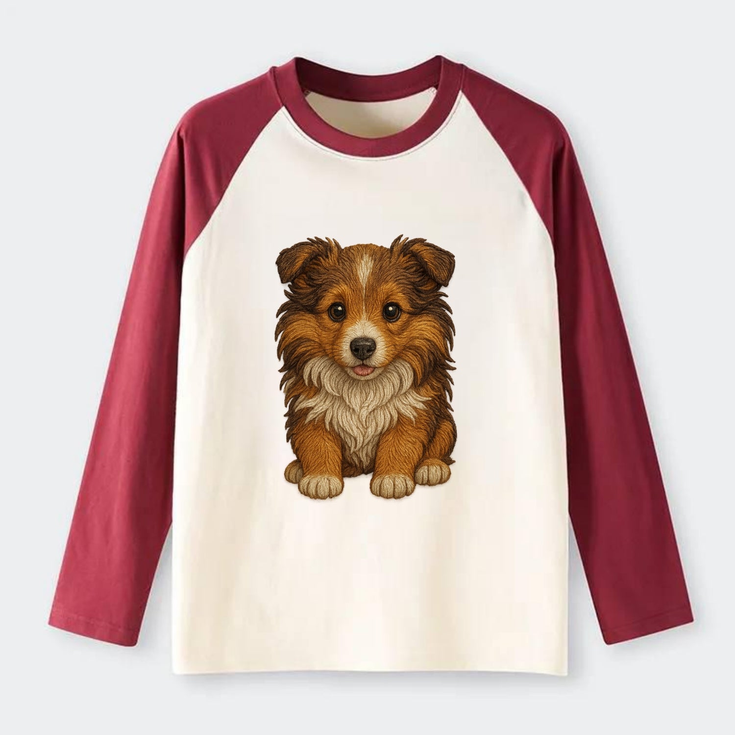 Baby Shetland Sheepdog Puppy - mini collie look, flowing mane, - Raglan Long Sleeve T-Shirt - Red