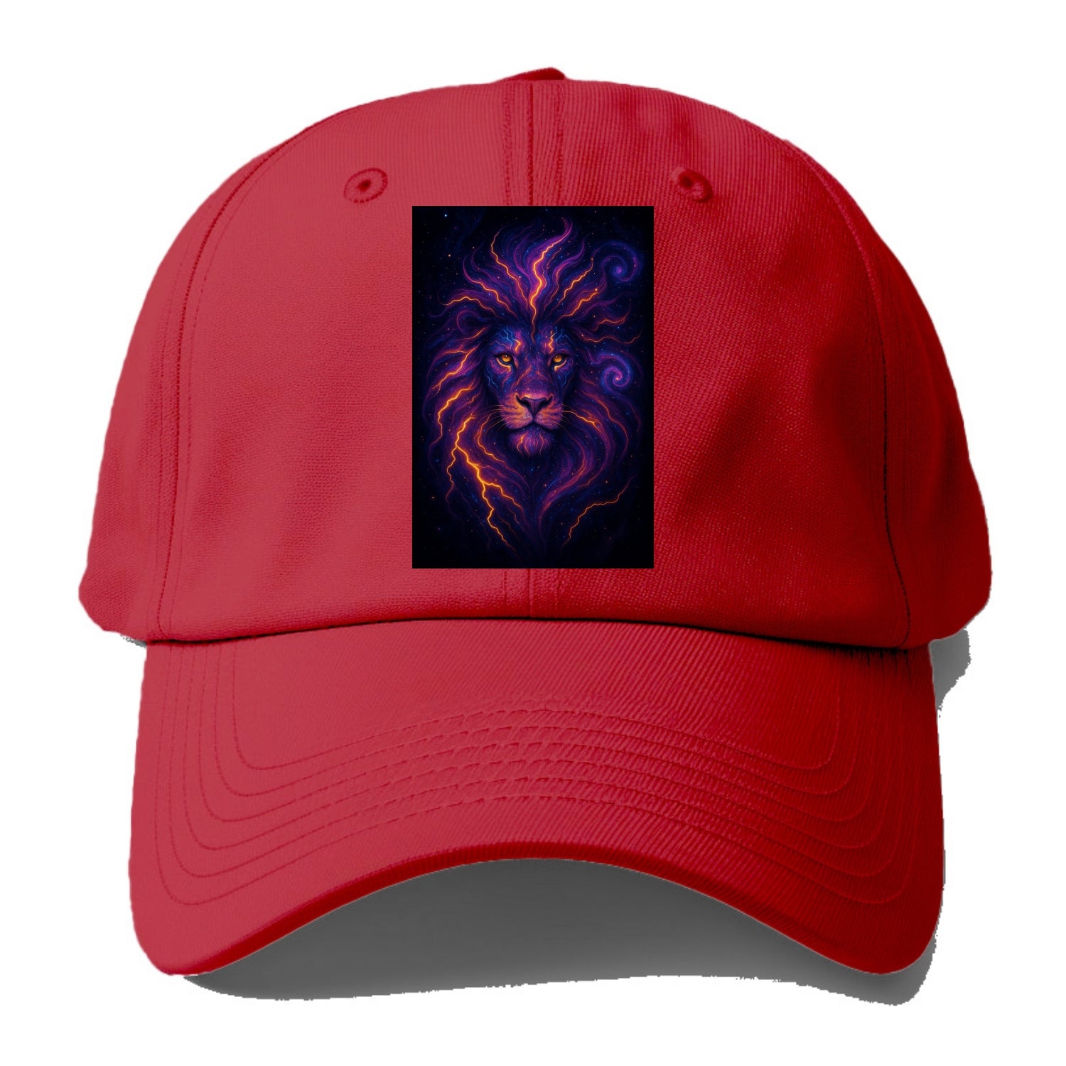 Regal lion with mane made of electric currents, neon yellow and hot pink energy - Baseball Cap - Red