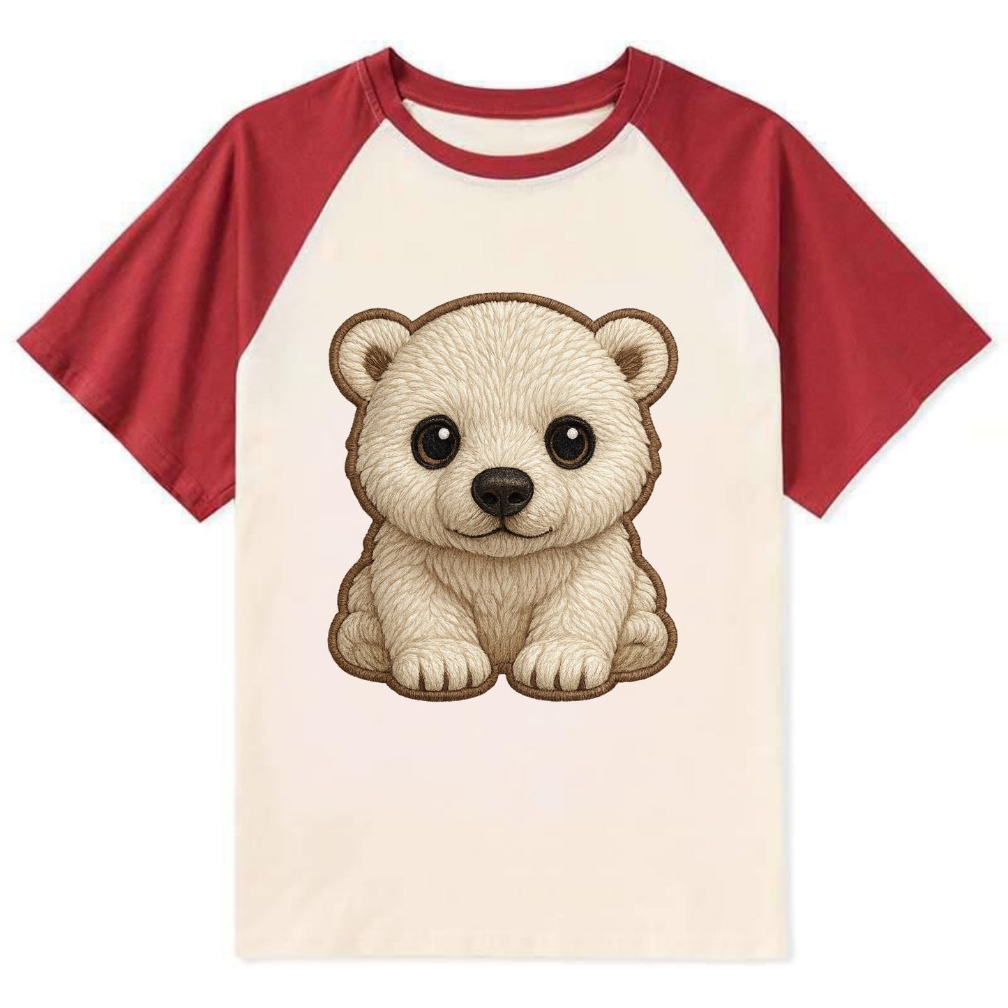 Baby Polar Bear Cub - white fluffy, black nose, dark curious eyes, - Contrast Raglan T-shirt - Red