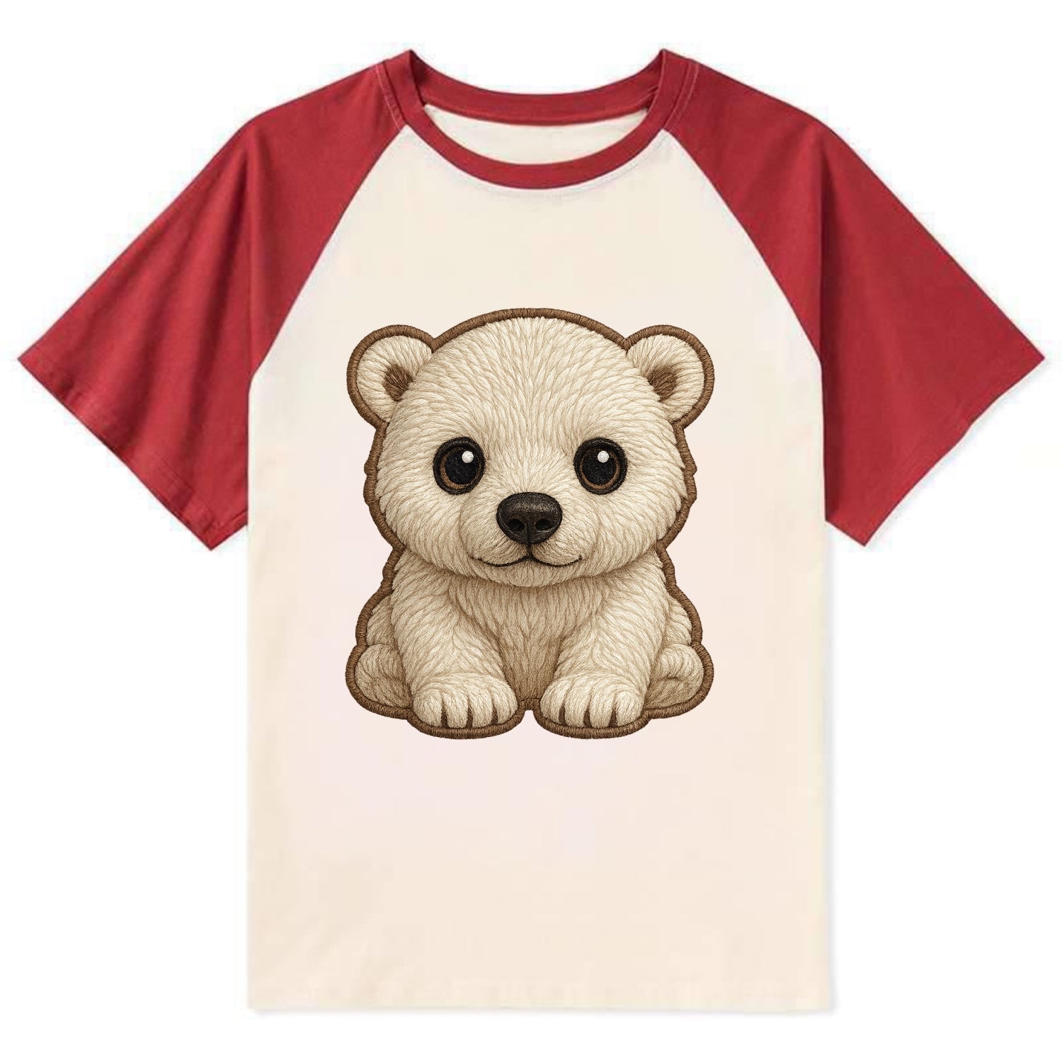 Baby Polar Bear Cub - white fluffy, black nose, dark curious eyes, - Contrast Raglan T-shirt - Red