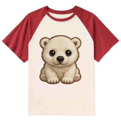 Baby Polar Bear Cub - white fluffy, black nose, dark curious eyes, - Contrast Raglan T-shirt - Red