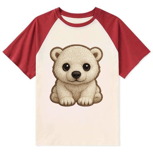 Baby Polar Bear Cub - white fluffy, black nose, dark curious eyes, - Contrast Raglan T-shirt - Red