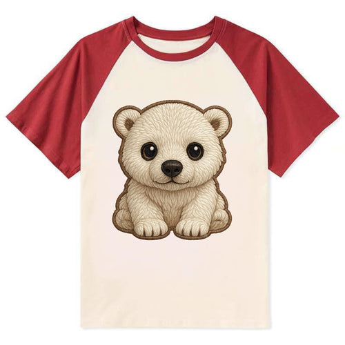 Baby Polar Bear Cub - white fluffy, black nose, dark curious eyes, - Contrast Raglan T-shirt
