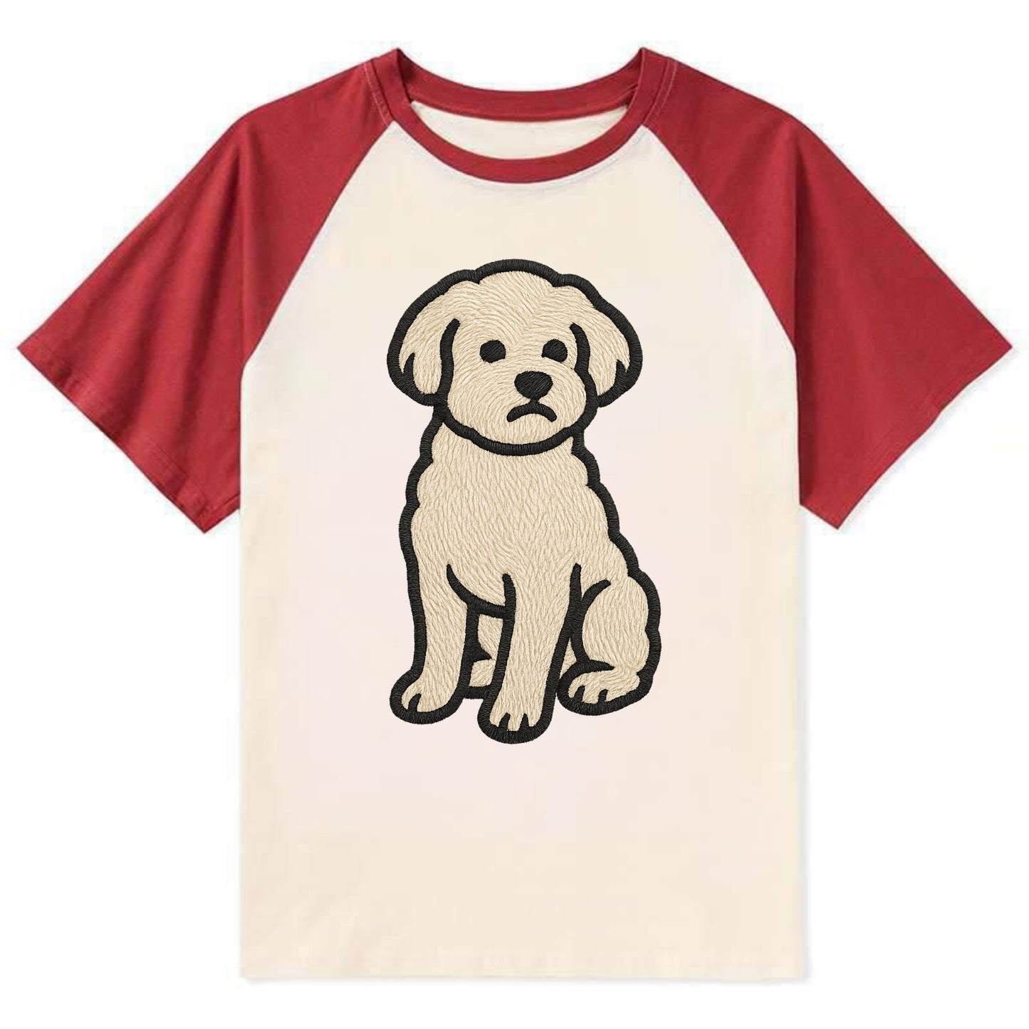 Maltipoo - White curly sitting pose - Co Contrast Raglan T-shirt - Red