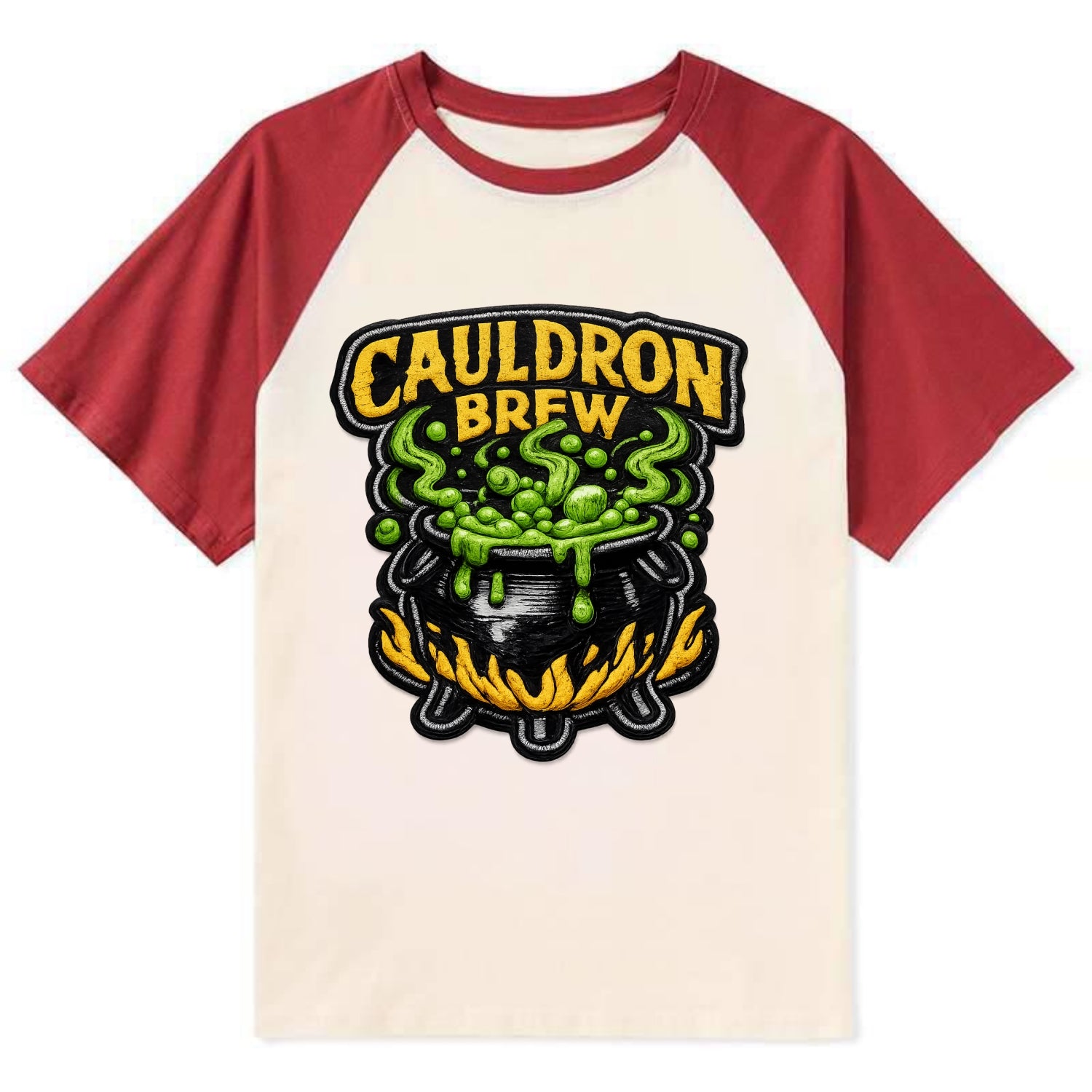CAULDRON BREW - bubbling pot in black and green , witch craft - Contrast Raglan T-shirt - Red