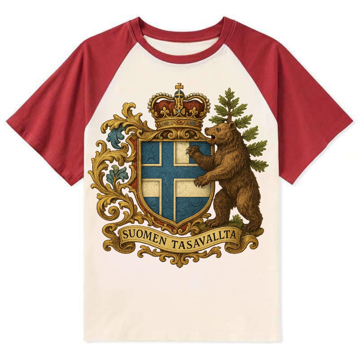 Finland Brown Bear Emblem - Contrast Raglan T-shirt - Red
