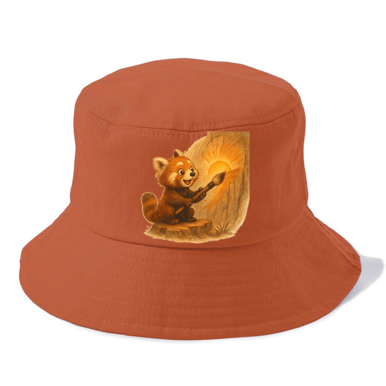 Red panda painting a sunrise mural with an oversized calligraphy brush on a cliff wall - Bucket Hat - Red