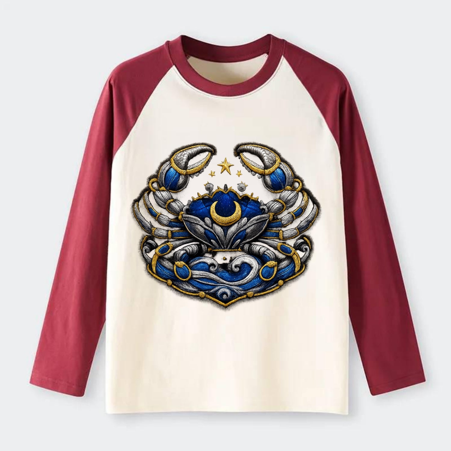 CANCER CRAB - protective crab in silver and blue , water sign - Raglan Long Sleeve T-Shirt - Red