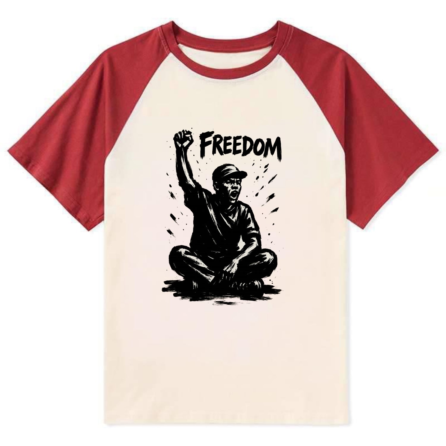 Sit-in protest figure - civil disobedience ink art - Contrast Raglan T-shirt - Red