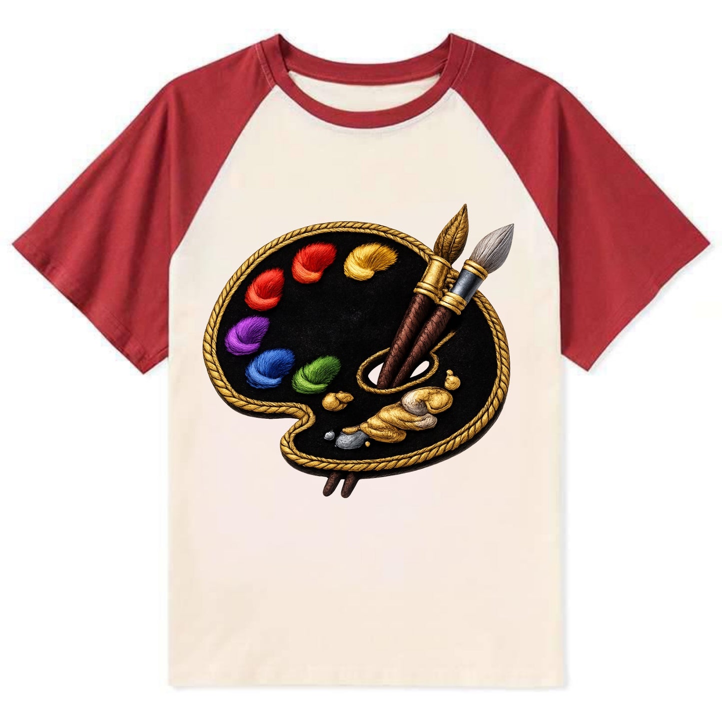 Embroidered patch design - PAINT PALETTE - artist palette with brushes in - Contrast Raglan T-shirt - Red