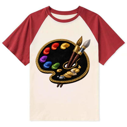 Embroidered patch design - PAINT PALETTE - artist palette with brushes in - Contrast Raglan T-shirt - Red