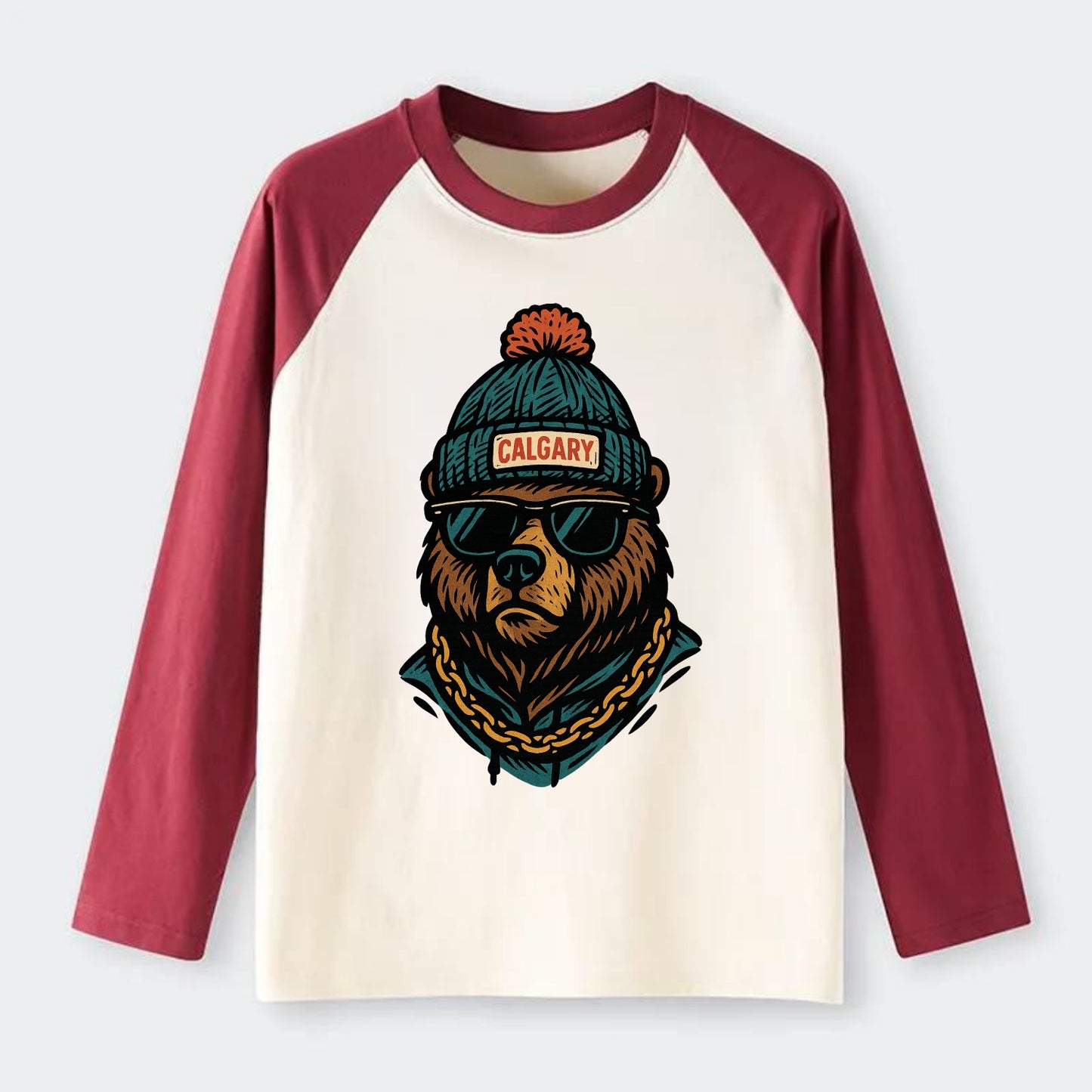 Calgary Grizzly Bear wearing Calgary beanie with pom pom and wayfarer - Raglan Long Sleeve T-Shirt - Red