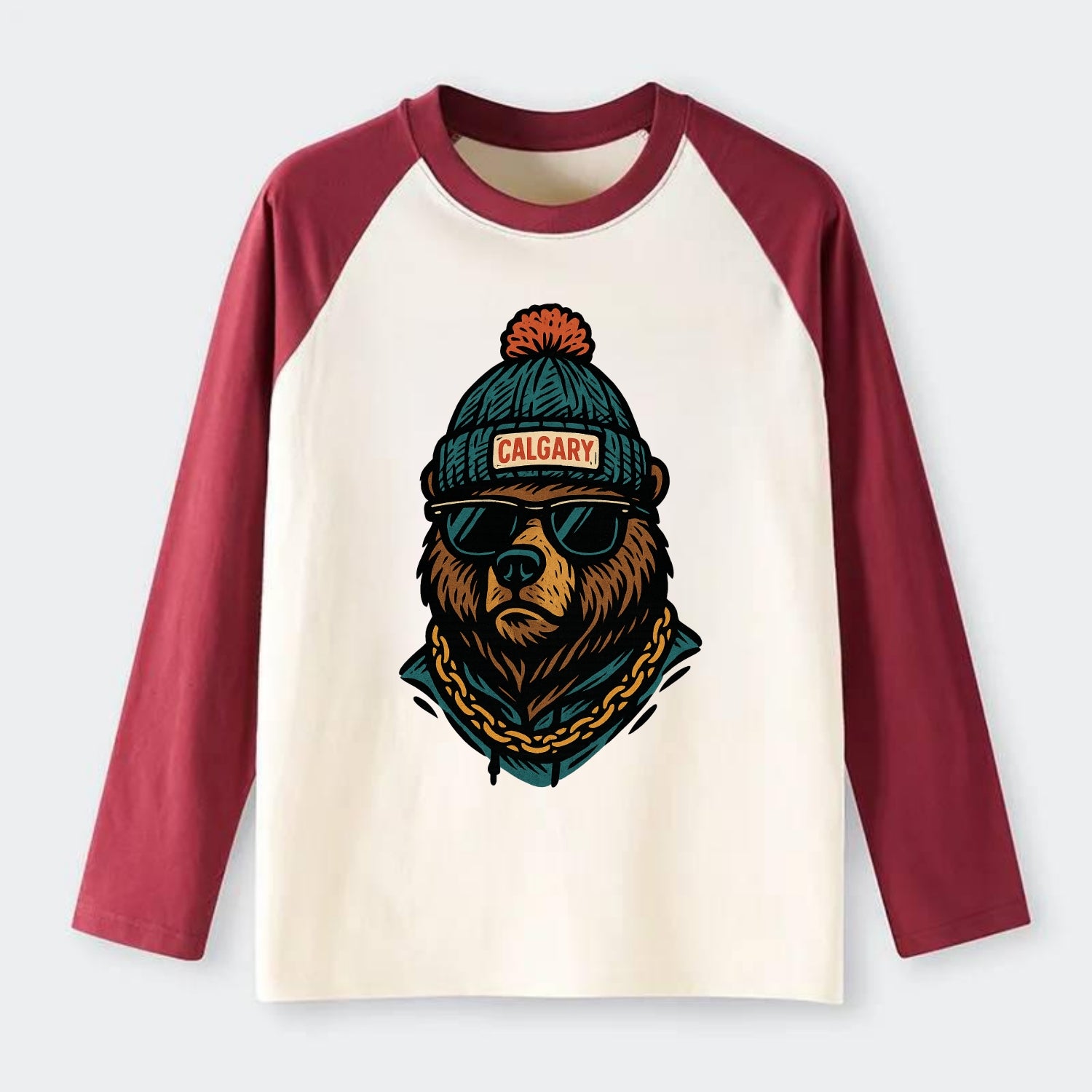 Calgary Grizzly Bear wearing Calgary beanie with pom pom and wayfarer - Raglan Long Sleeve T-Shirt - Red