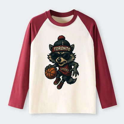 Toronto Raccoon wearing Raptors beanie with CN Tower patch and - Raglan Long Sleeve T-Shirt - Red