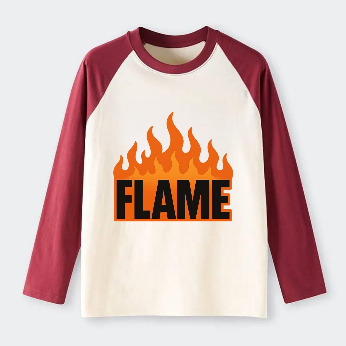 Bold typography design - "FLAME" - burning bright, passionate - Raglan Long Sleeve T-Shirt - Red