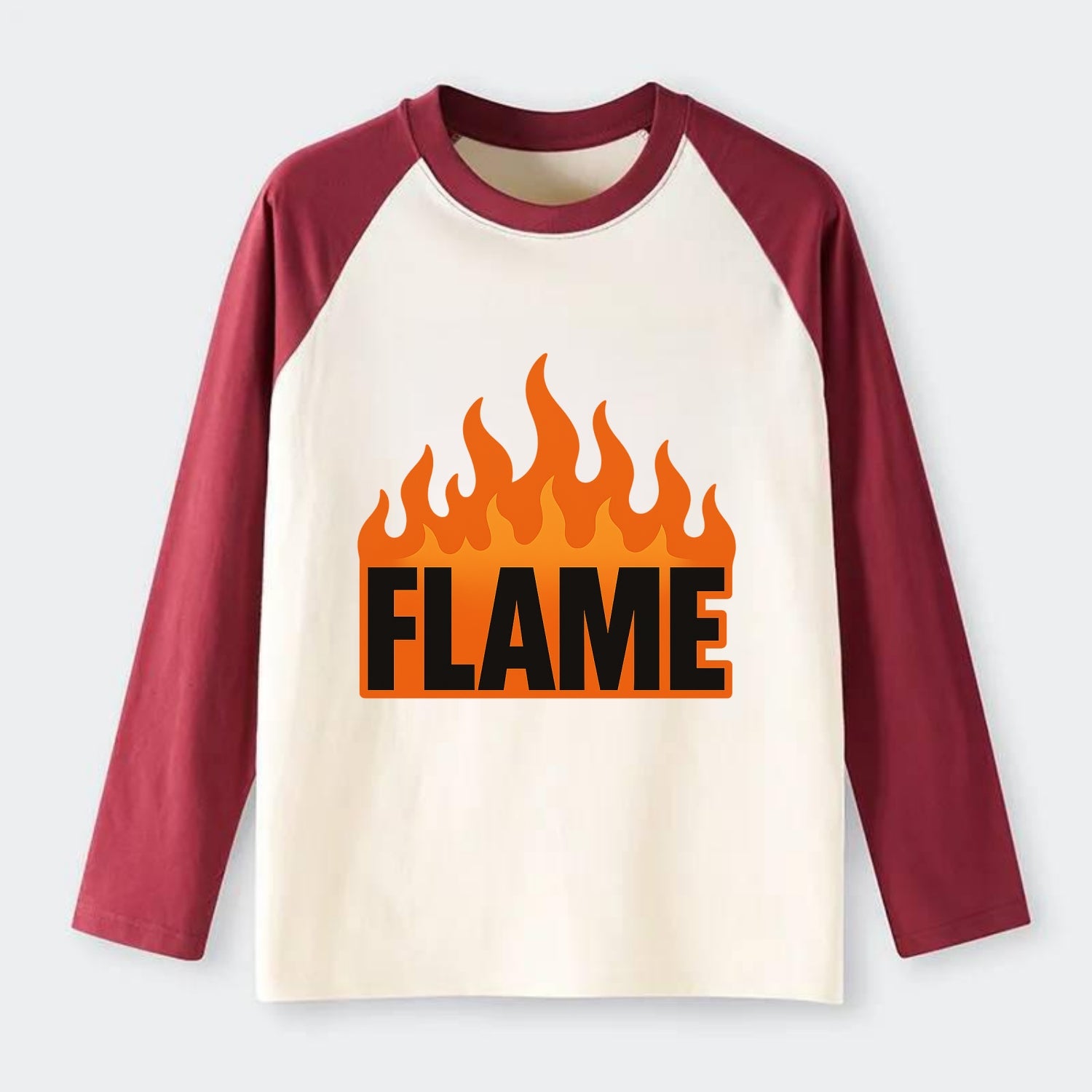 Bold typography design - "FLAME" - burning bright, passionate - Raglan Long Sleeve T-Shirt - Red
