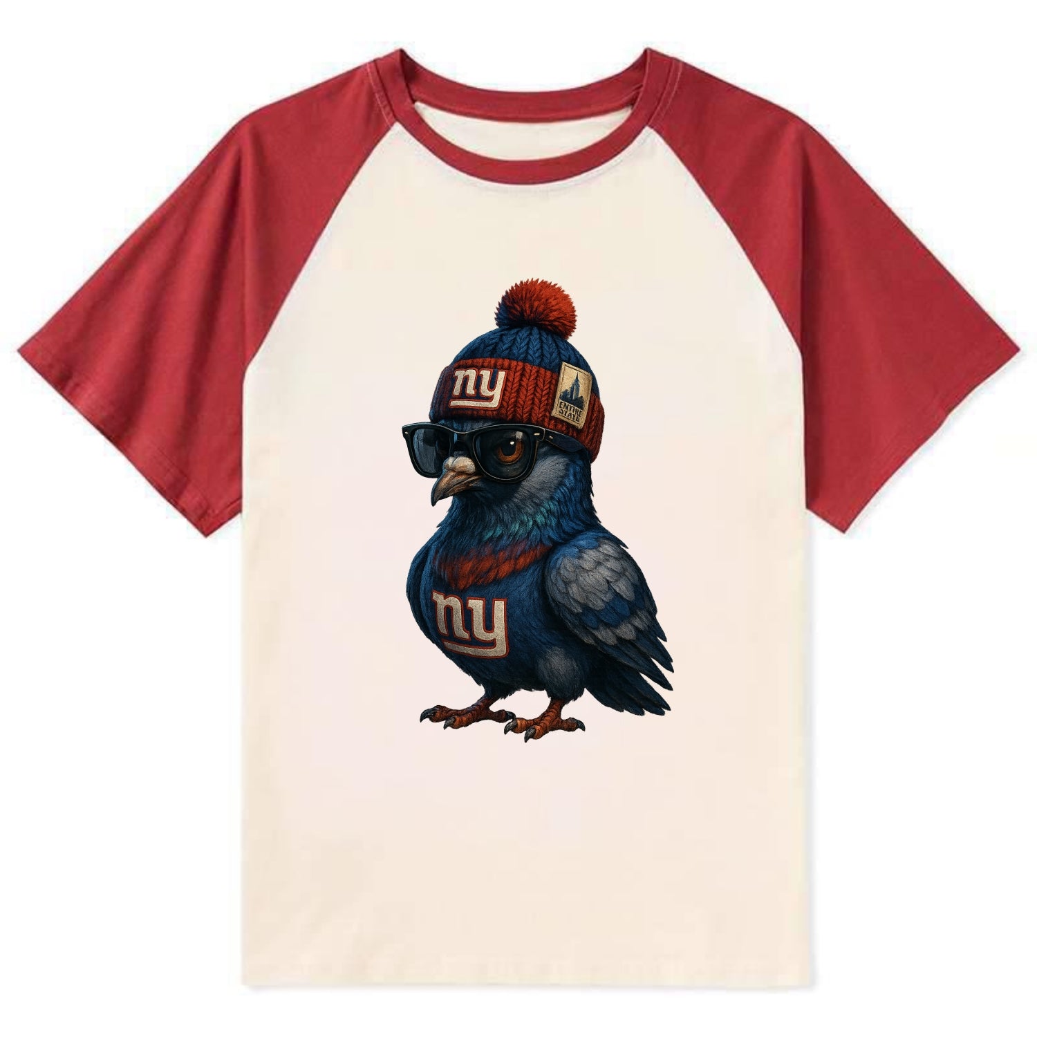 Manhattan Pigeon wearing Giants beanie with Empire State patch and - Contrast Raglan T-shirt - Red