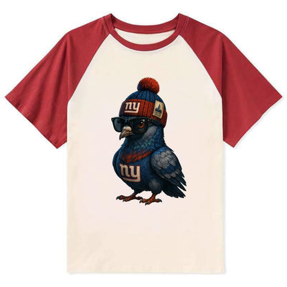 Manhattan Pigeon wearing Giants beanie with Empire State patch and - Contrast Raglan T-shirt - Red