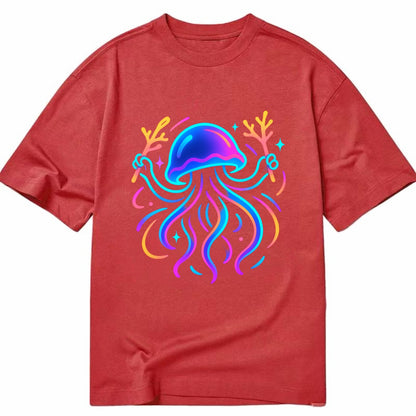 Jellyfish conducting a glow orchestra using coral batons in deep ocean concert - Classic T-shirt - Red