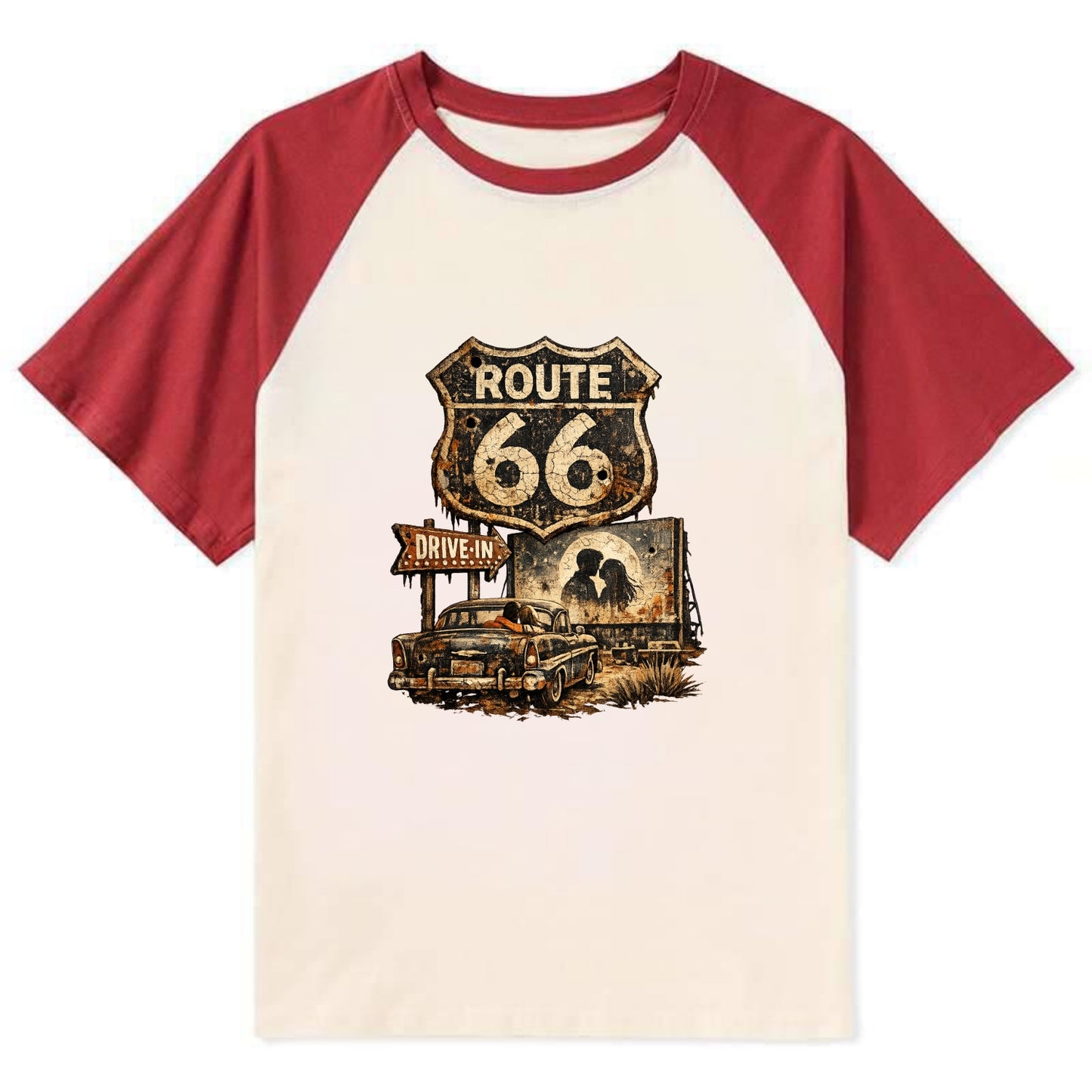 DRIVE-IN | Classic car at drive-in theater | Movie night romance | - Contrast Raglan T-shirt - Red