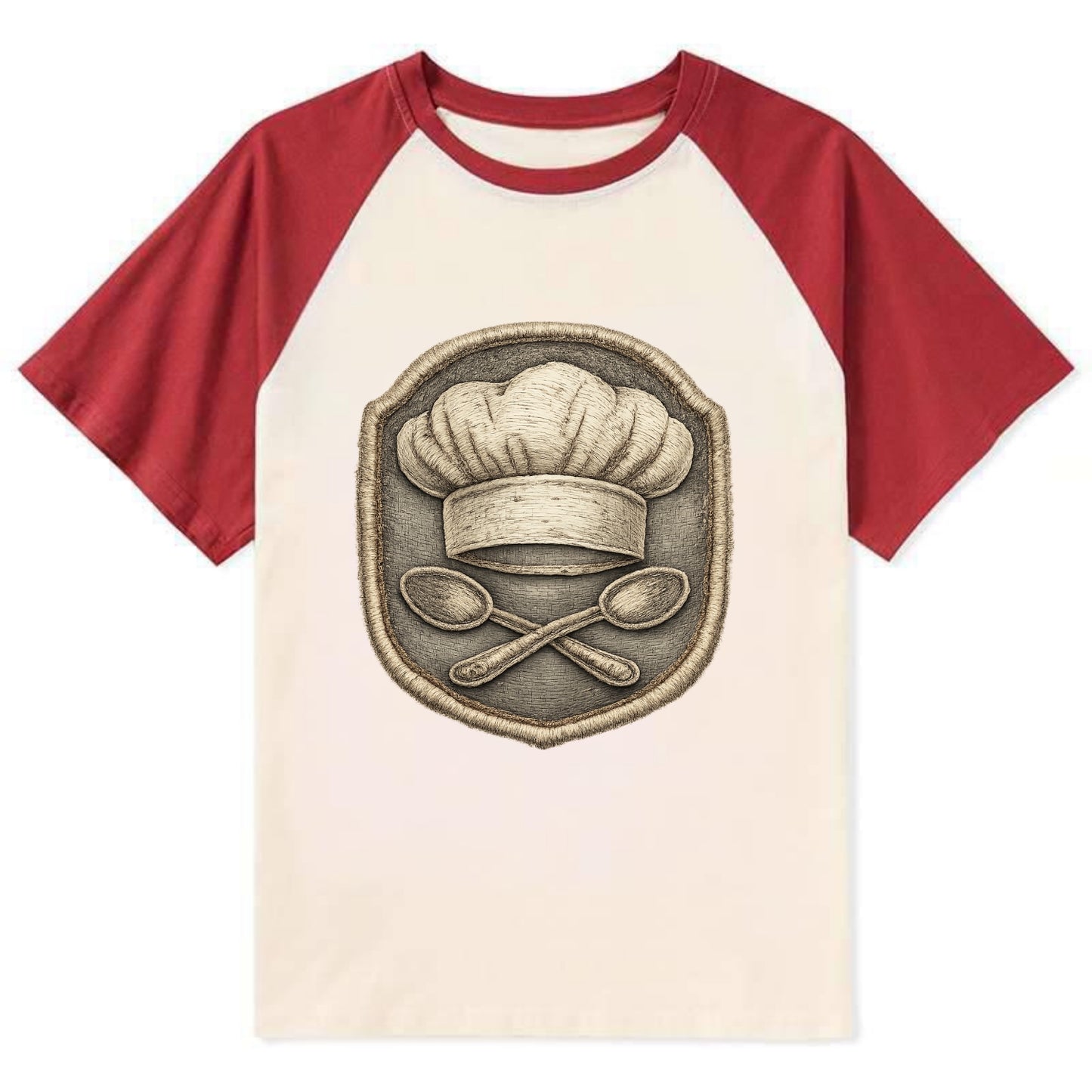 COOKING CHEF HAT - toque blanche with crossed spoons in white and silver - Contrast Raglan T-shirt - Red