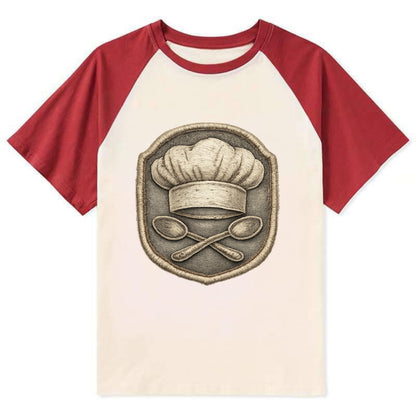 COOKING CHEF HAT - toque blanche with crossed spoons in white and silver - Contrast Raglan T-shirt - Red