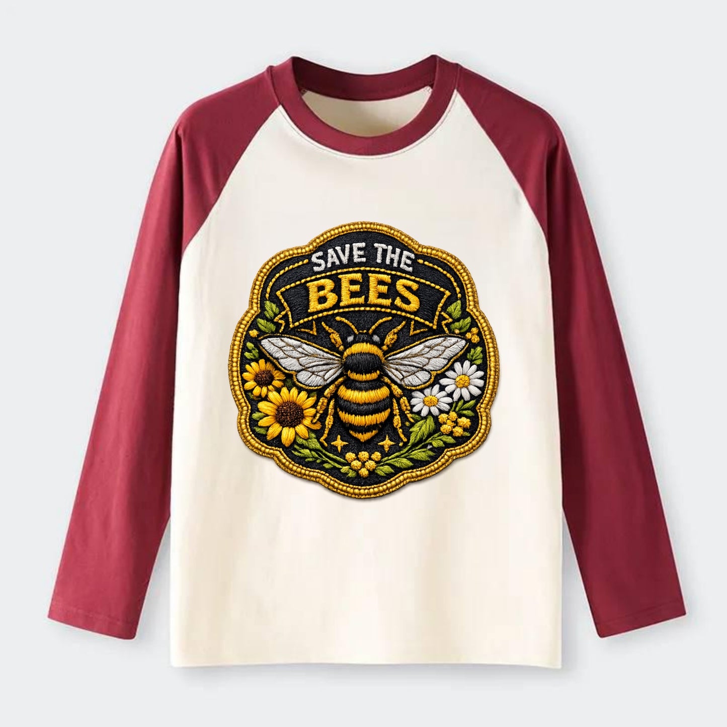 SAVE THE BEES - bee with flowers in yellow , pollinator protection - Raglan Long Sleeve T-Shirt - Red