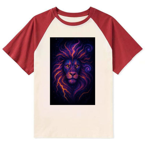 Regal lion with mane made of electric currents, neon yellow and hot pink - Contrast Raglan T-shirt