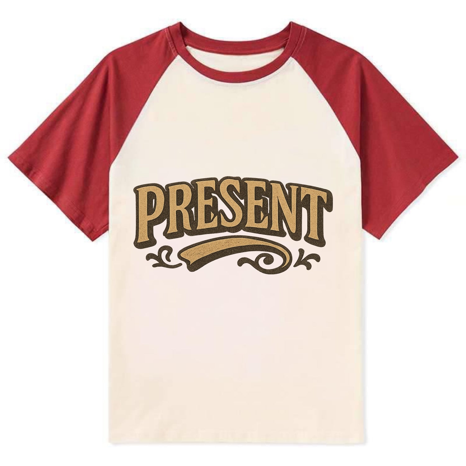 Bold typography design - "PRESENT" - living in the now - Contrast Raglan T-shirt - Red