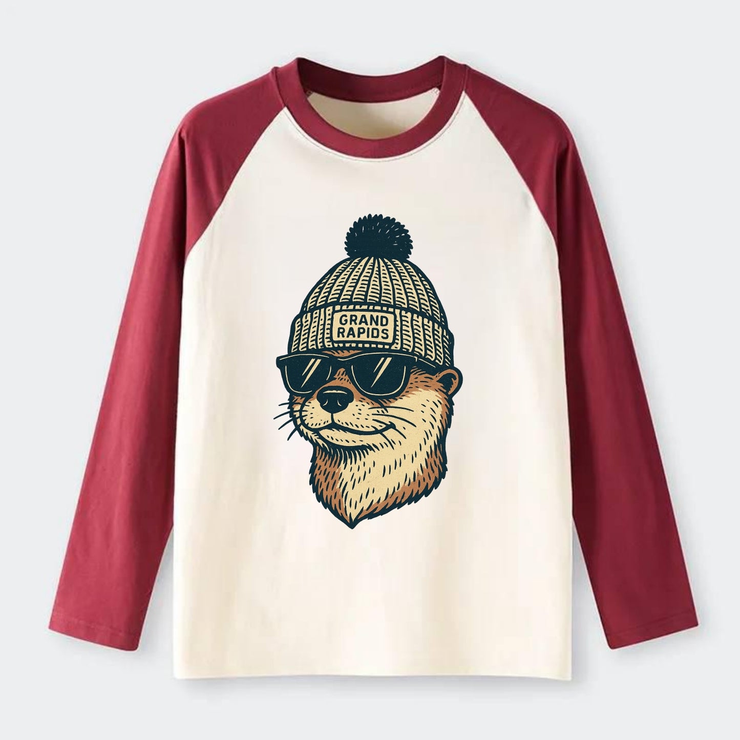 Grand Rapids River Otter wearing Grand Rapids beanie with pom pom and - Raglan Long Sleeve T-Shirt - Red