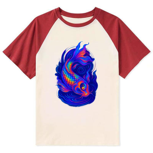 Sacred koi with scales reflecting rainbow prisms, yin-yang patterns in - Contrast Raglan T-shirt