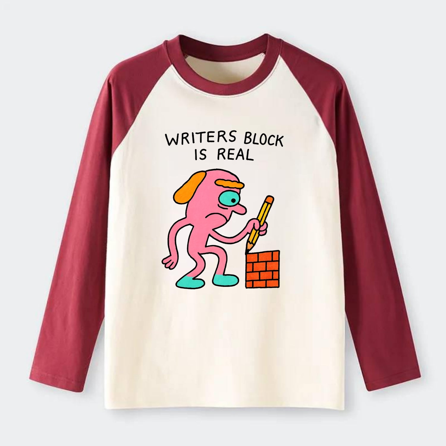 WRITERS BLOCK IS REAL | Brick wall with pencil - Raglan Long Sleeve T-Shirt - Red